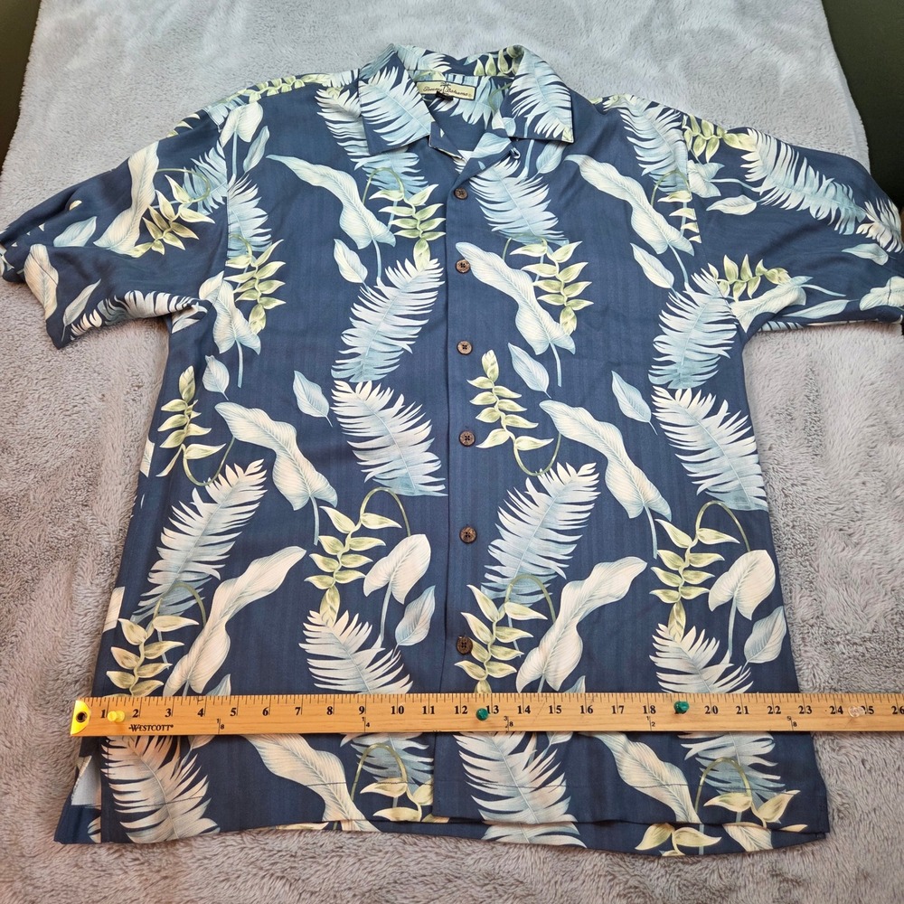 Tommy Bahama Silk Shirt Mens M Tropical Leaf Print Camp Collar Button Down Blue